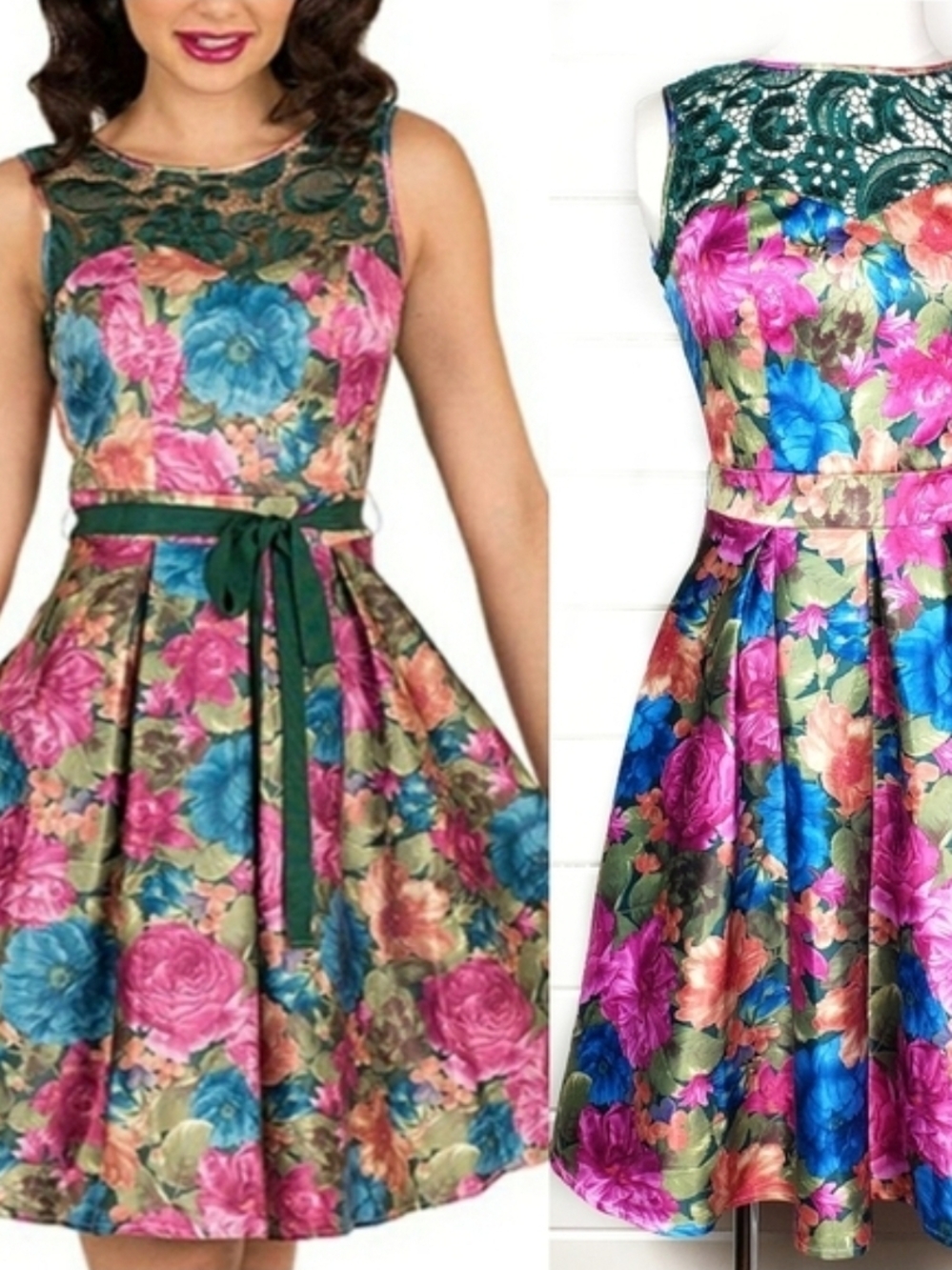 Tatyana Green Lace Yoke Floral Midi Dress - Pink & Blue